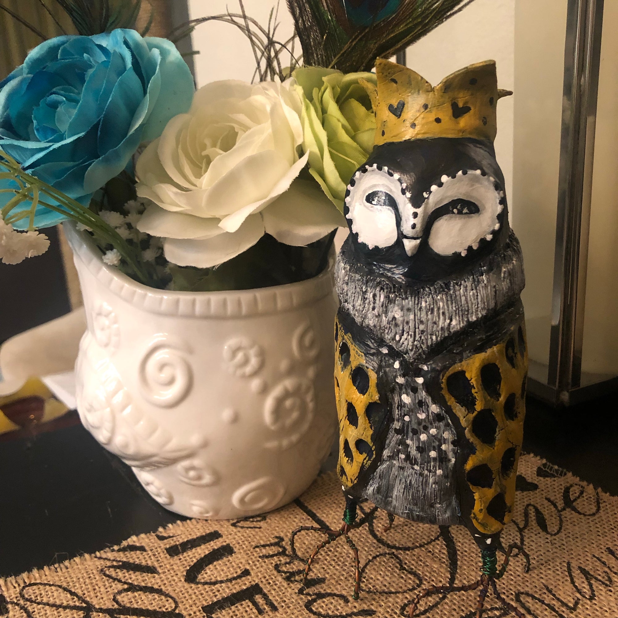 SOLD - Regal Owl With Hearts on The Crown - Jennifer Sher Art