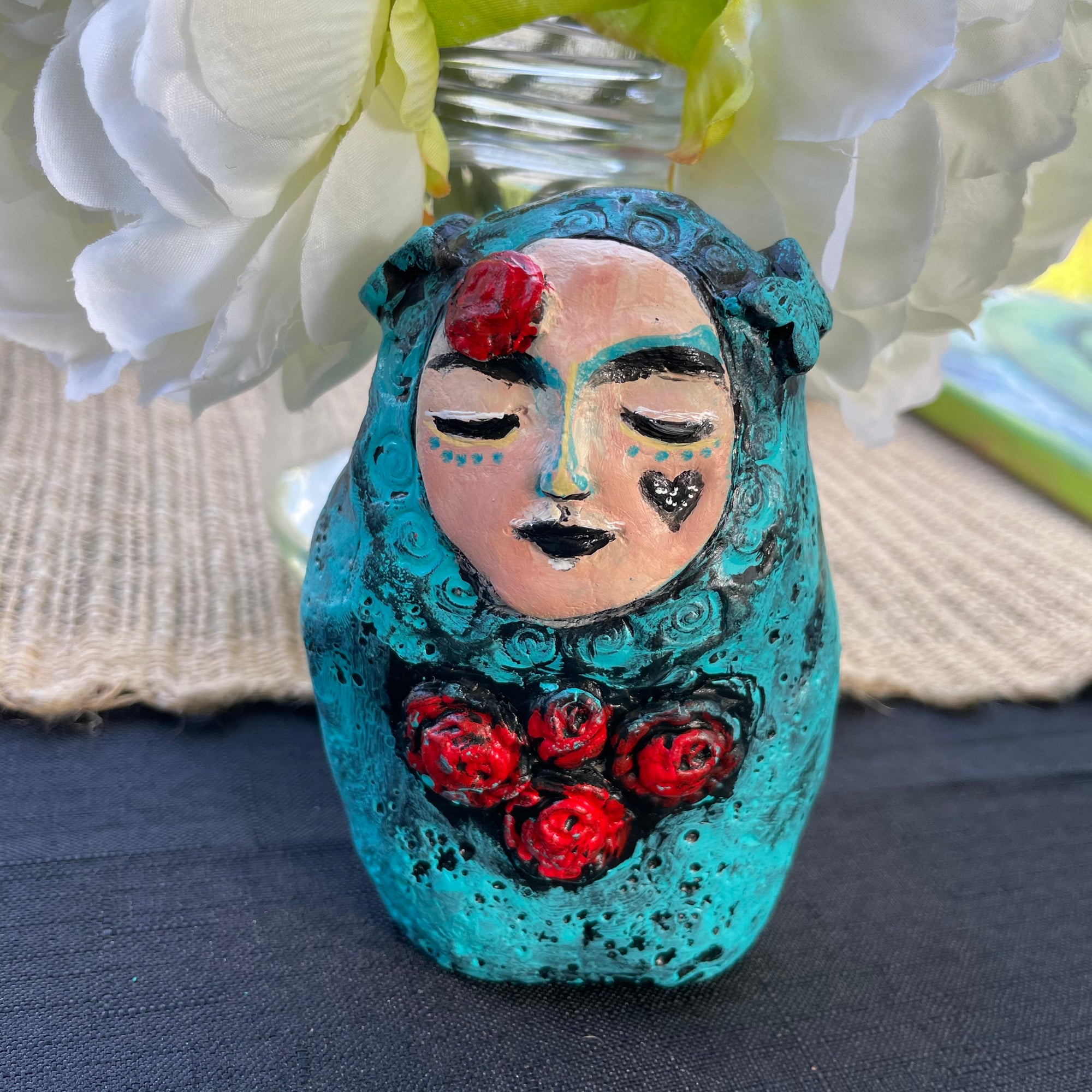 SOLD - Meditation Art Doll with Red Roses - Jennifer Sher Art
