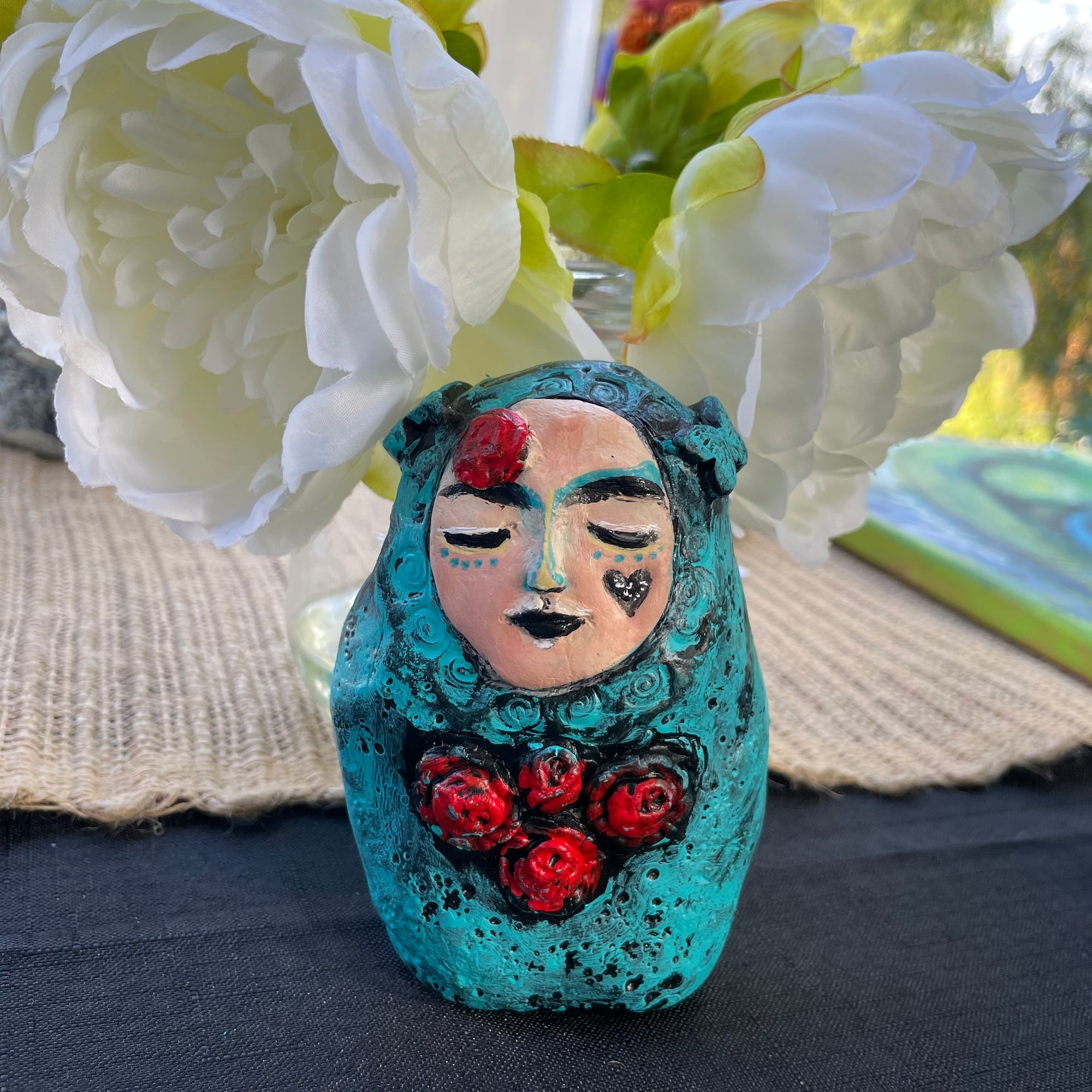 SOLD - Meditation Art Doll with Red Roses - Jennifer Sher Art