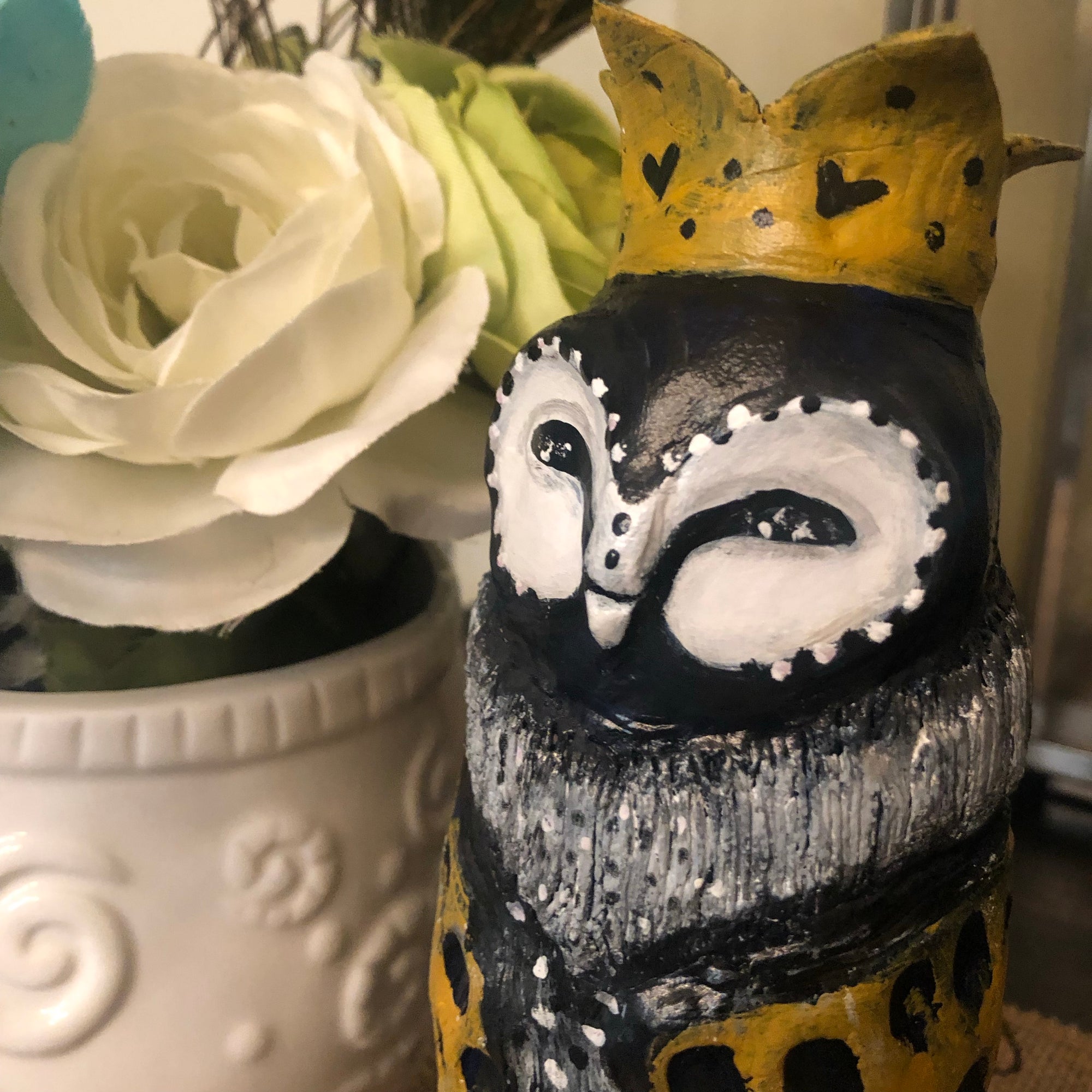 SOLD - Regal Owl With Hearts on The Crown - Jennifer Sher Art