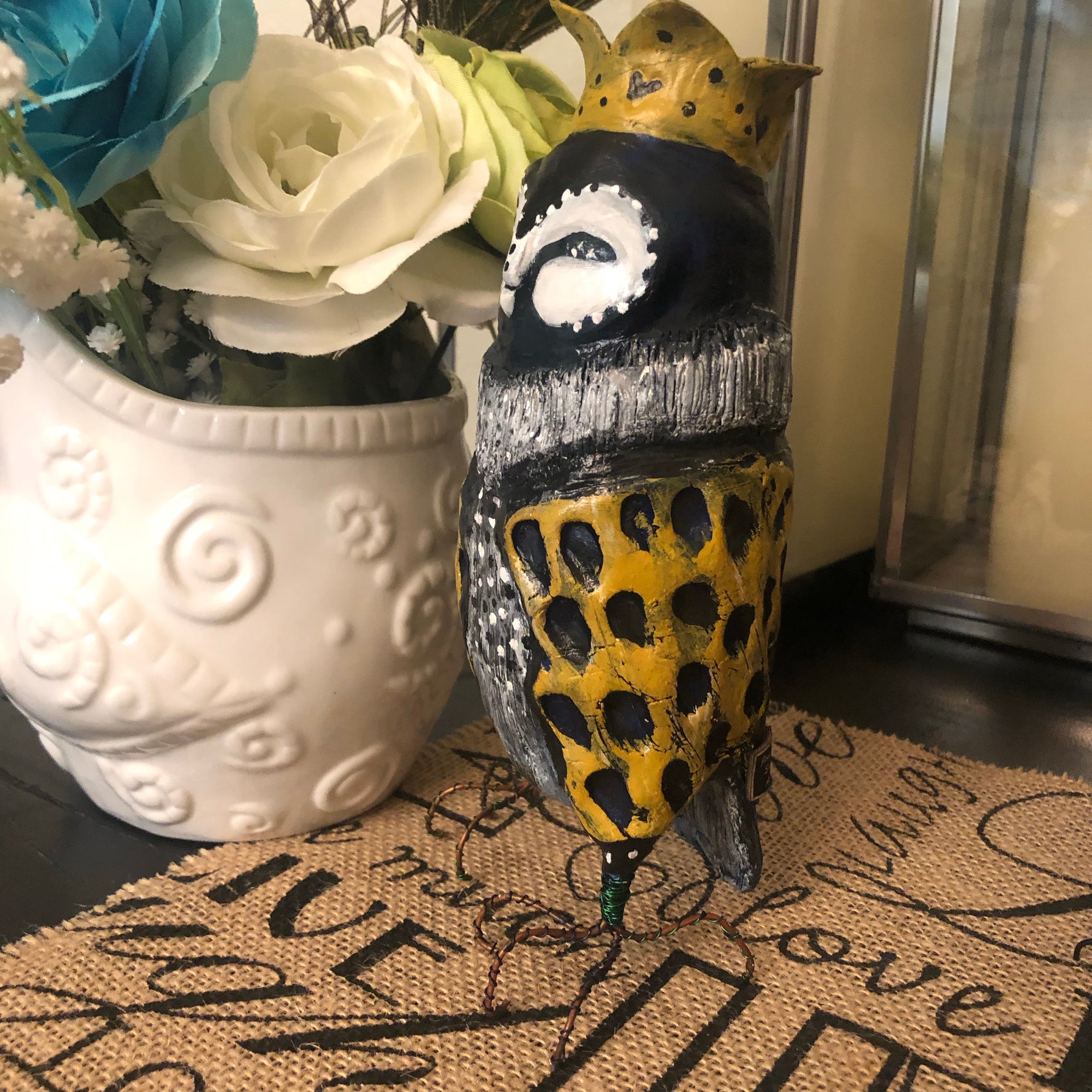SOLD - Regal Owl With Hearts on The Crown - Jennifer Sher Art