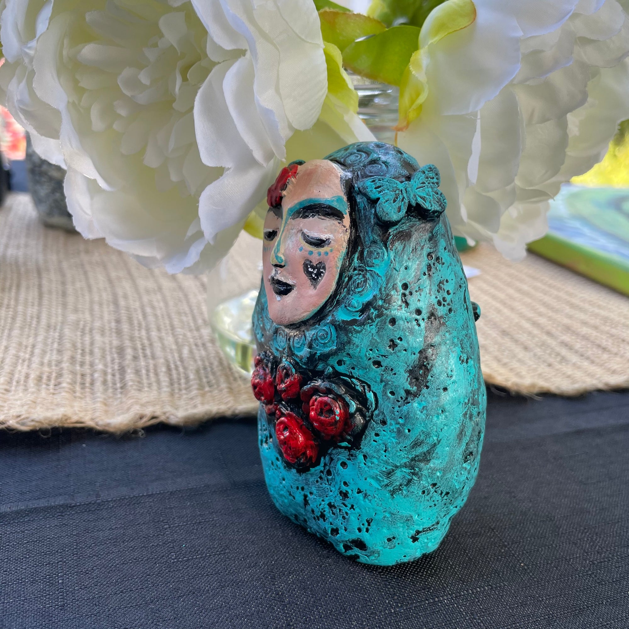 SOLD - Meditation Art Doll with Red Roses - Jennifer Sher Art