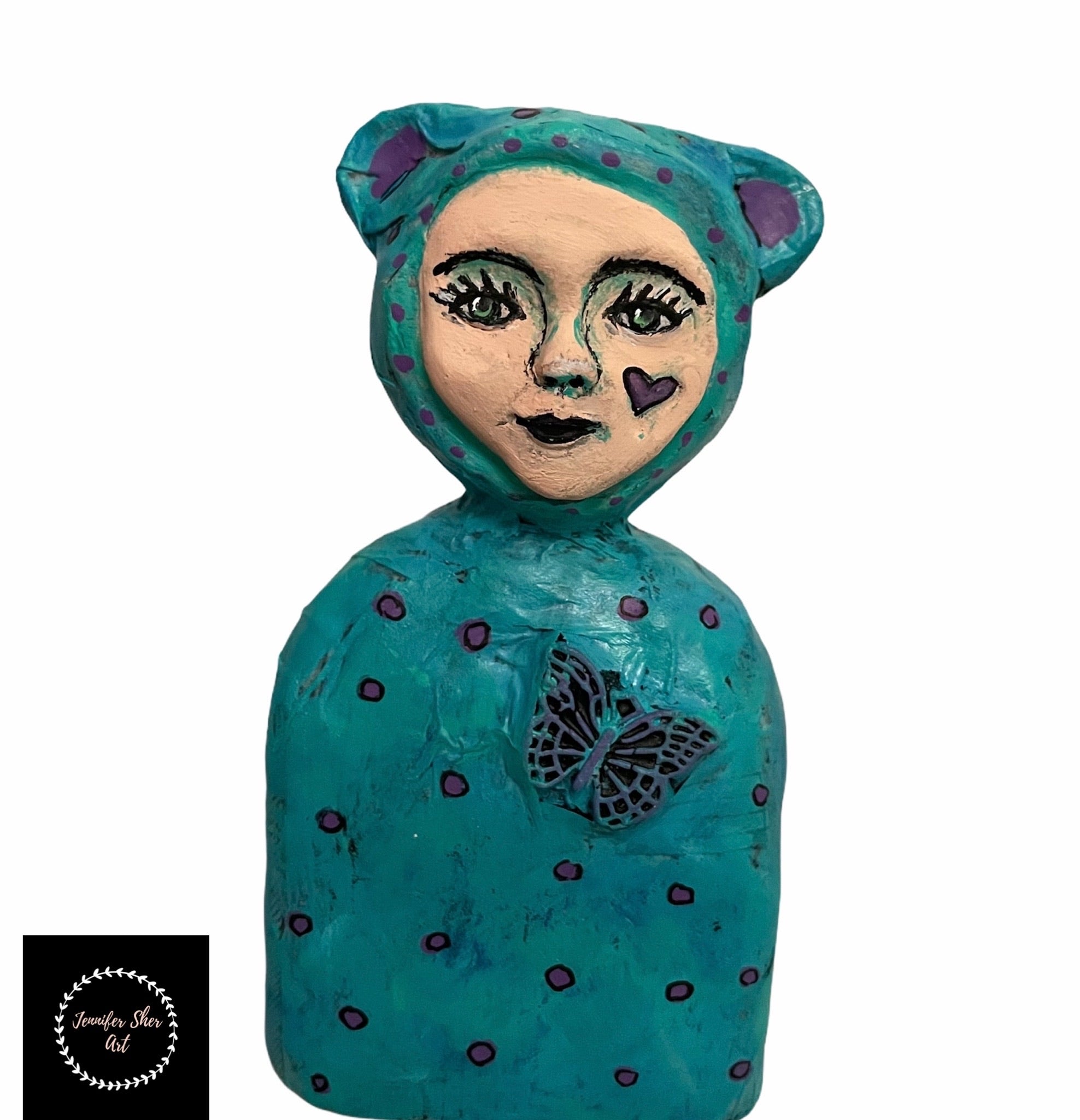 SOLD - Bear Ears Hat & Butterfly Art Doll - Jennifer Sher Art