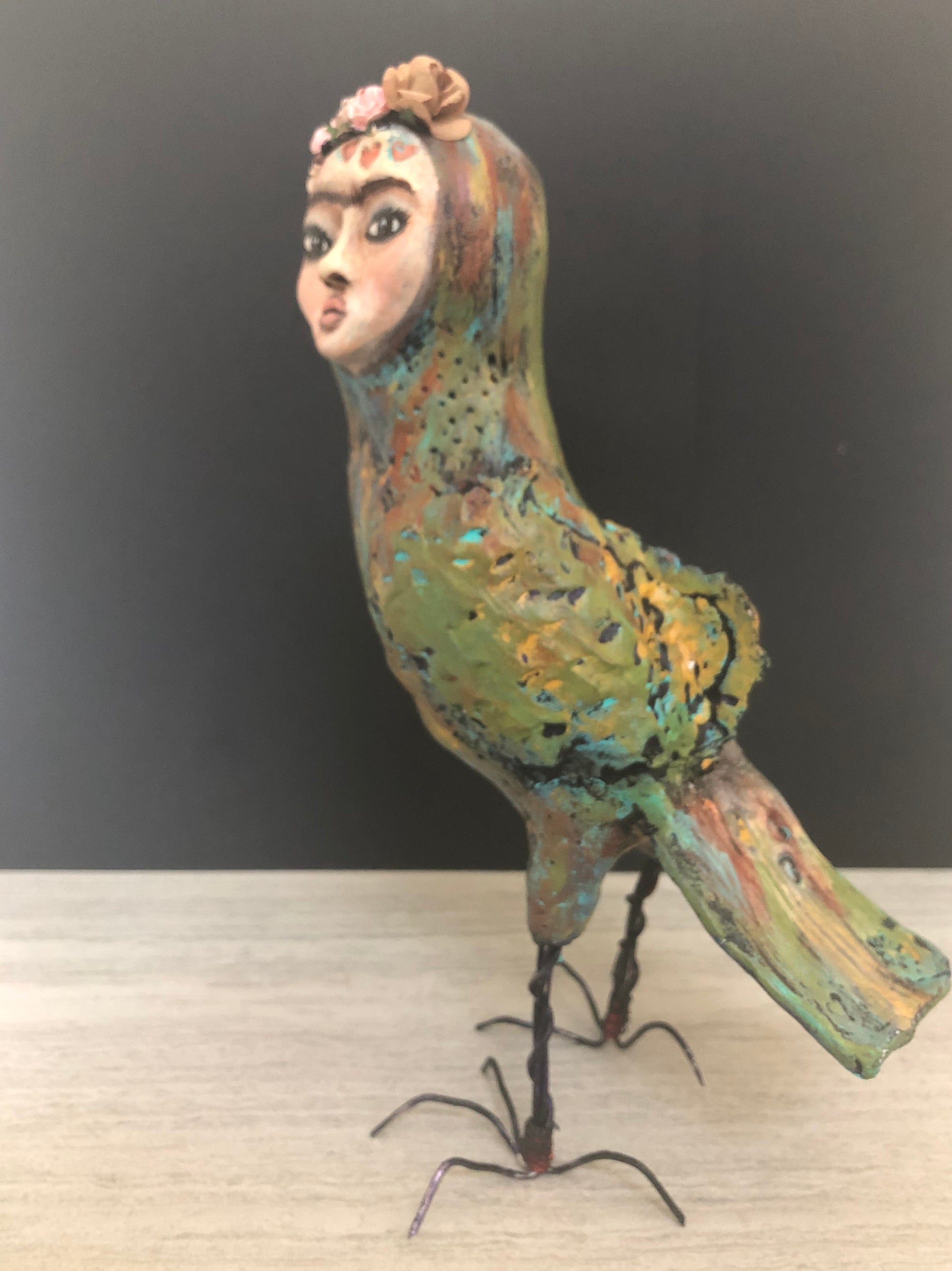 SOLD - Frida Inspired Bird Art Doll - Jennifer Sher Art